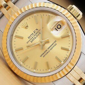 ROLEX LADIES DATEJUST 18K GOLD STEEL TWO TONE CHAMPAGNE WATCH